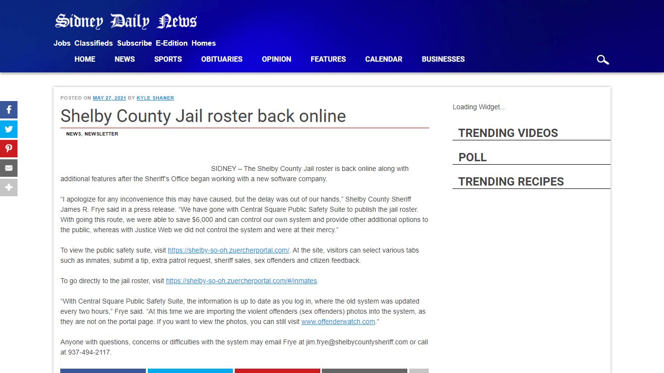 Shelby County Jail roster back online - Sidney Daily News